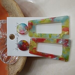 Rainbow Marble Acrylic Rectangle Dangle Earrings
